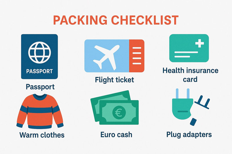 Checklist with passport, insurance, warm clothes, and euro cash