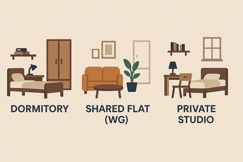 Graphic of student dormitory, WG, and studio housing in Germany