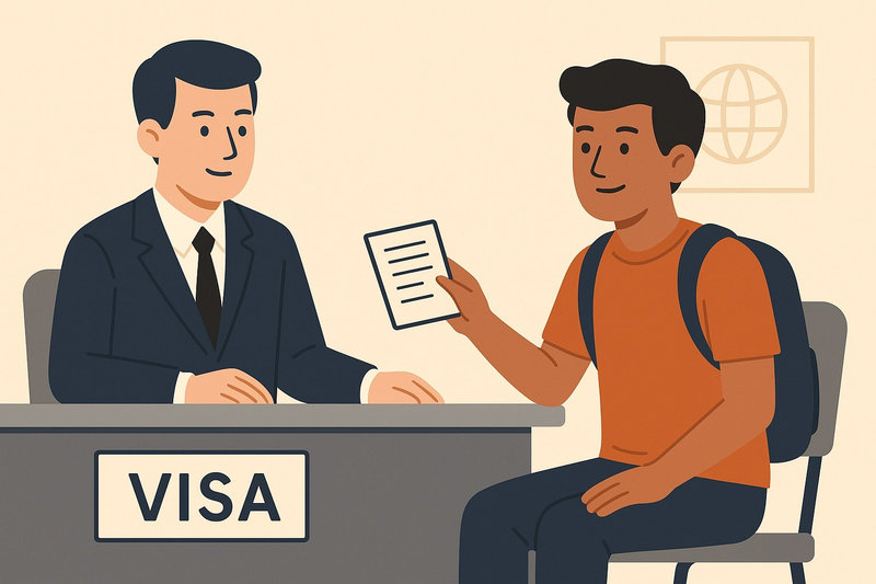 Student at visa interview desk with consulate officer