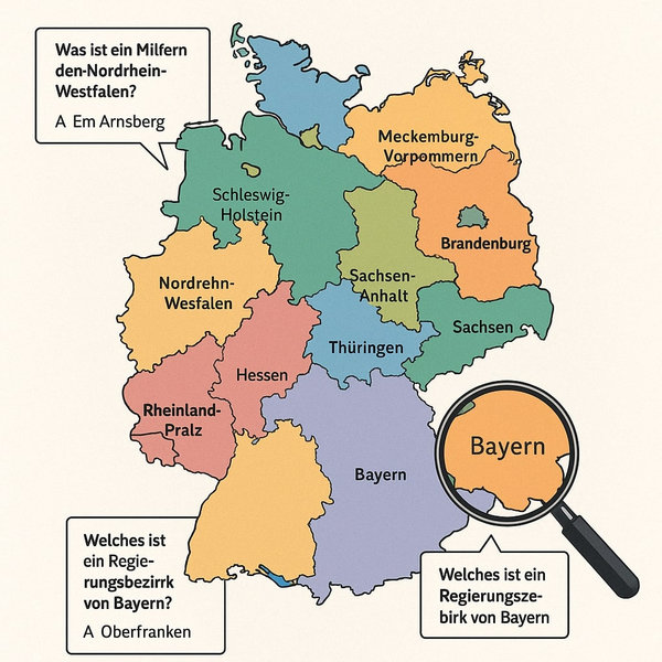 Map of German federal states with state-specific questions