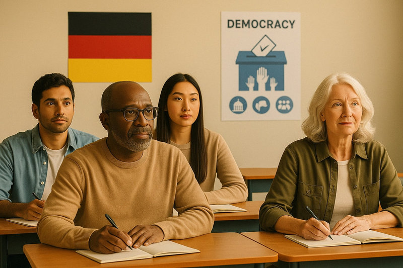 Diverse group of people preparing for the German citizenship test