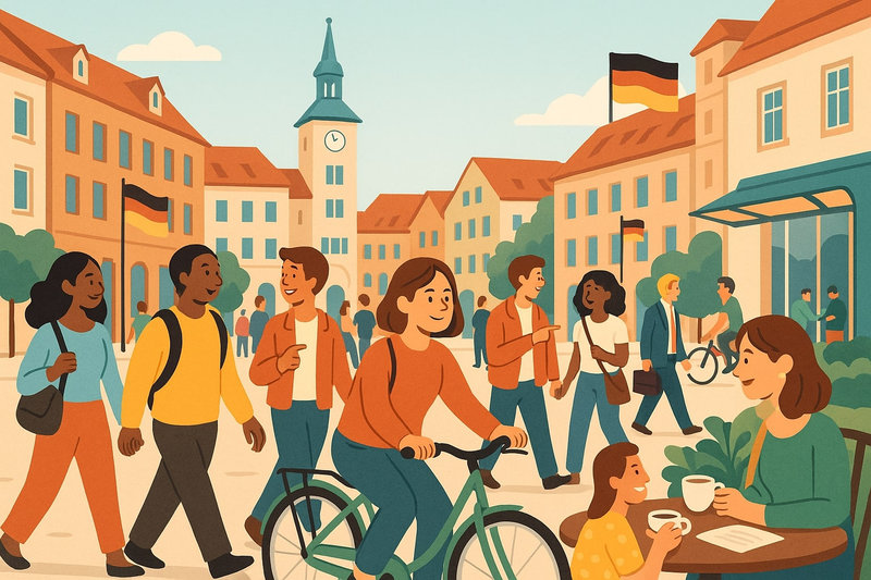 Scenes from everyday life in Germany showing city squares, transportation, and people