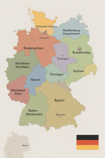 Map showing the federal structure of Germany with its 16 states