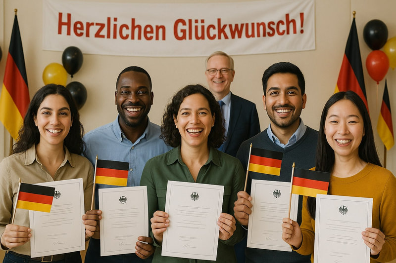 German citizenship ceremony with new citizens holding certificates