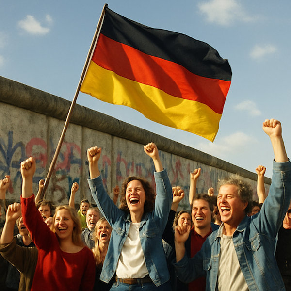 Berlin Wall fall and German flag representing key historical moments and symbols