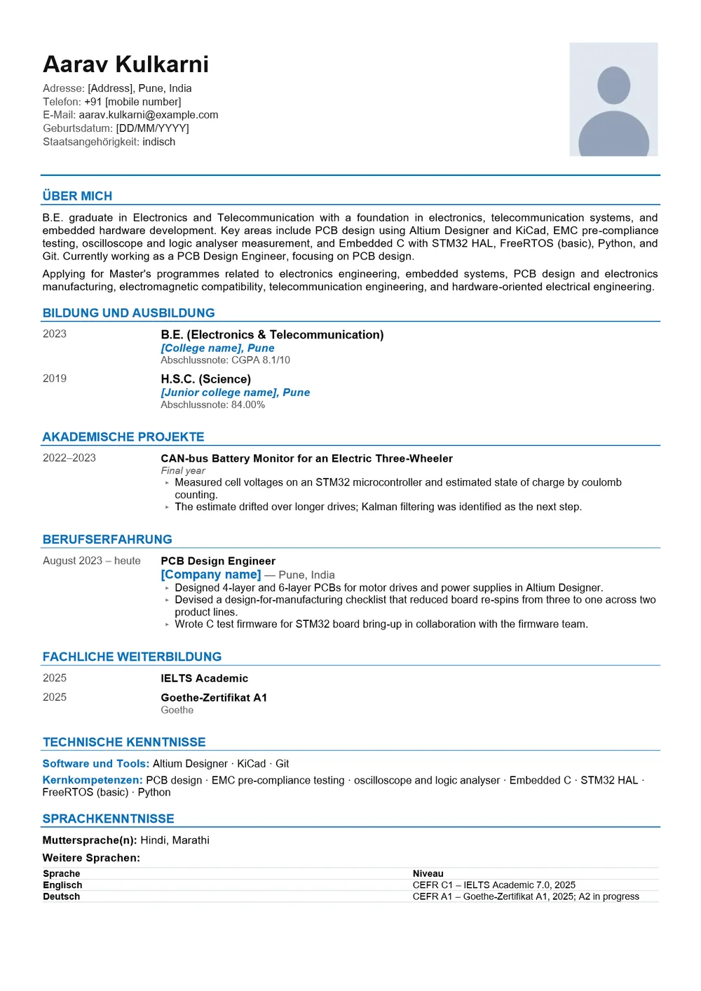 After: Tabular CV, German headings, page 1