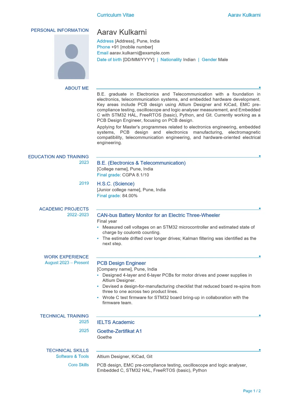 After: Europass CV, English, page 1