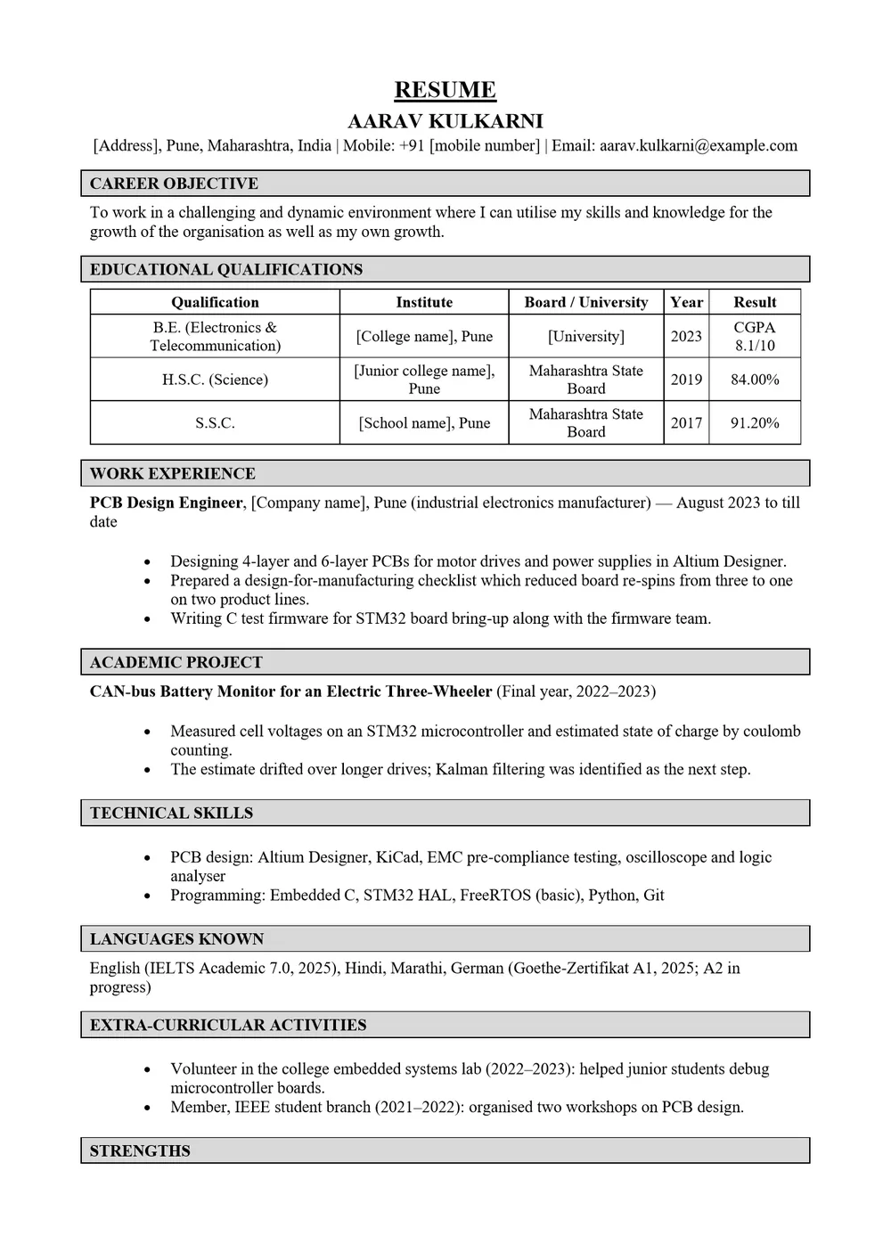Before: Indian resume format, page 1